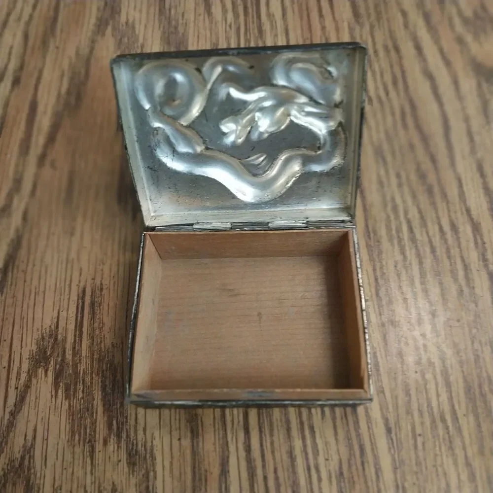 Vintage Ornate Silver Tone Trinket Box Wood Lined 3D Dragon Hinged Japan